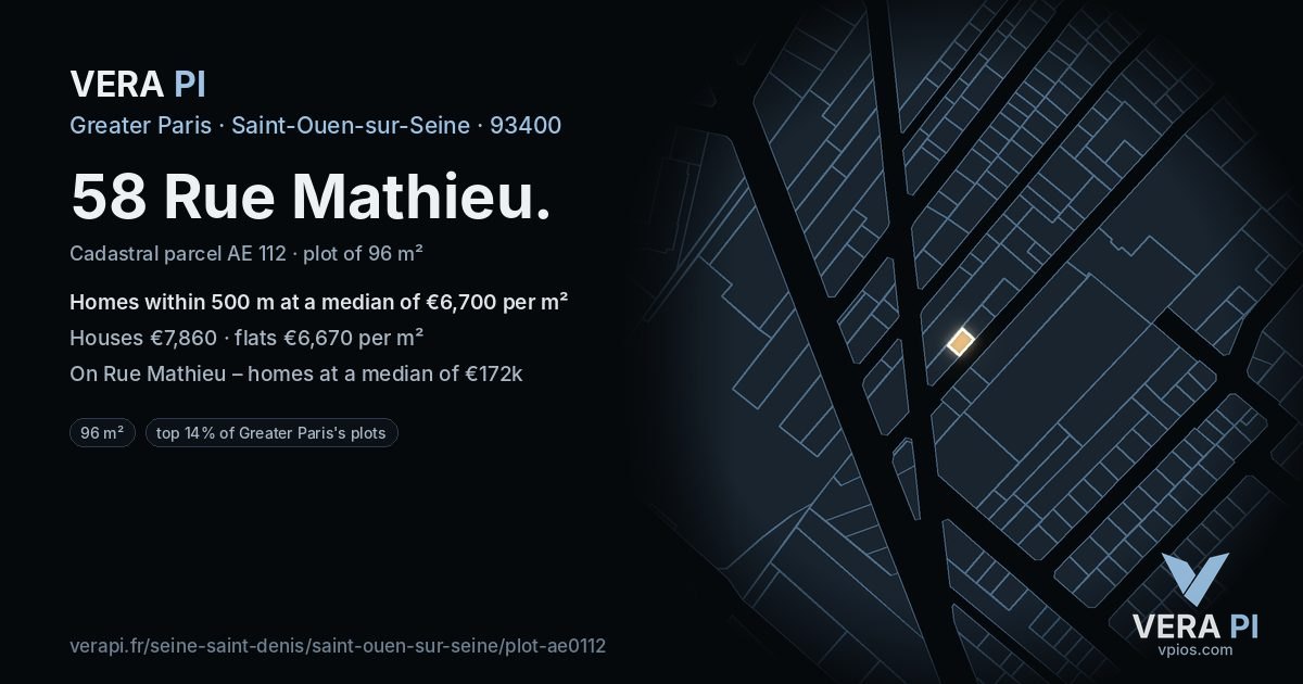 58 Rue Mathieu, Saint-Ouen-sur-Seine at night – the plot lit, the parcels around coloured by the prices near them