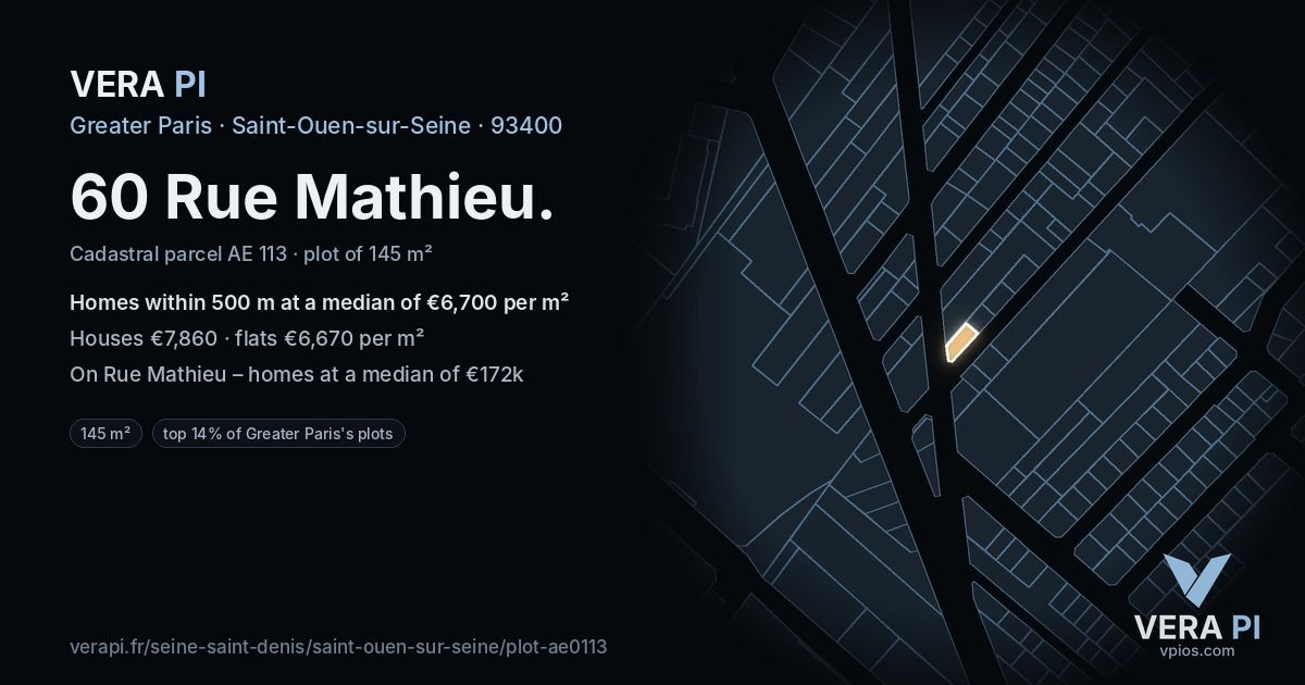 60 Rue Mathieu, Saint-Ouen-sur-Seine at night – the plot lit, the parcels around coloured by the prices near them