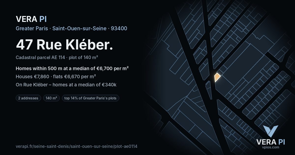 47 Rue Kléber, Saint-Ouen-sur-Seine at night – the plot lit, the parcels around coloured by the prices near them