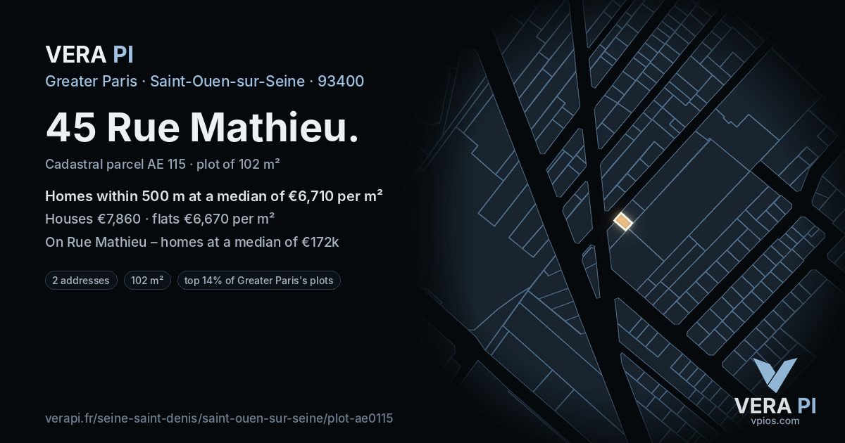 45 Rue Mathieu, Saint-Ouen-sur-Seine at night – the plot lit, the parcels around coloured by the prices near them