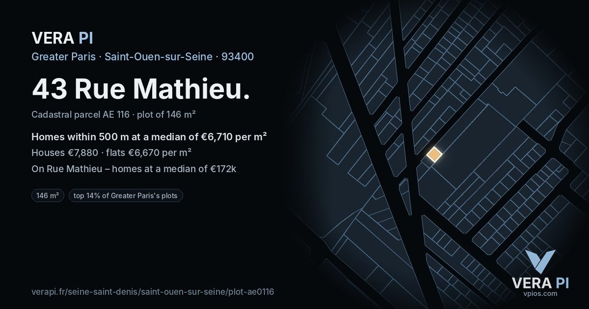 43 Rue Mathieu, Saint-Ouen-sur-Seine at night – the plot lit, the parcels around coloured by the prices near them