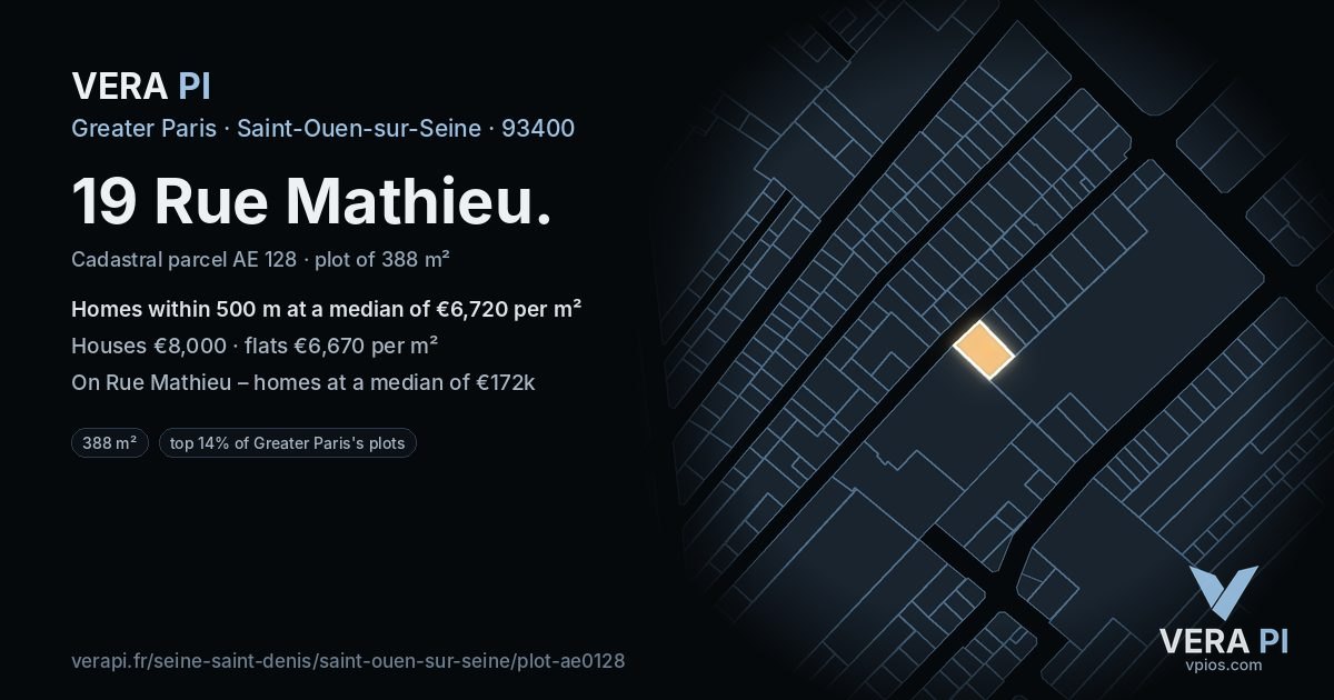 19 Rue Mathieu, Saint-Ouen-sur-Seine at night – the plot lit, the parcels around coloured by the prices near them