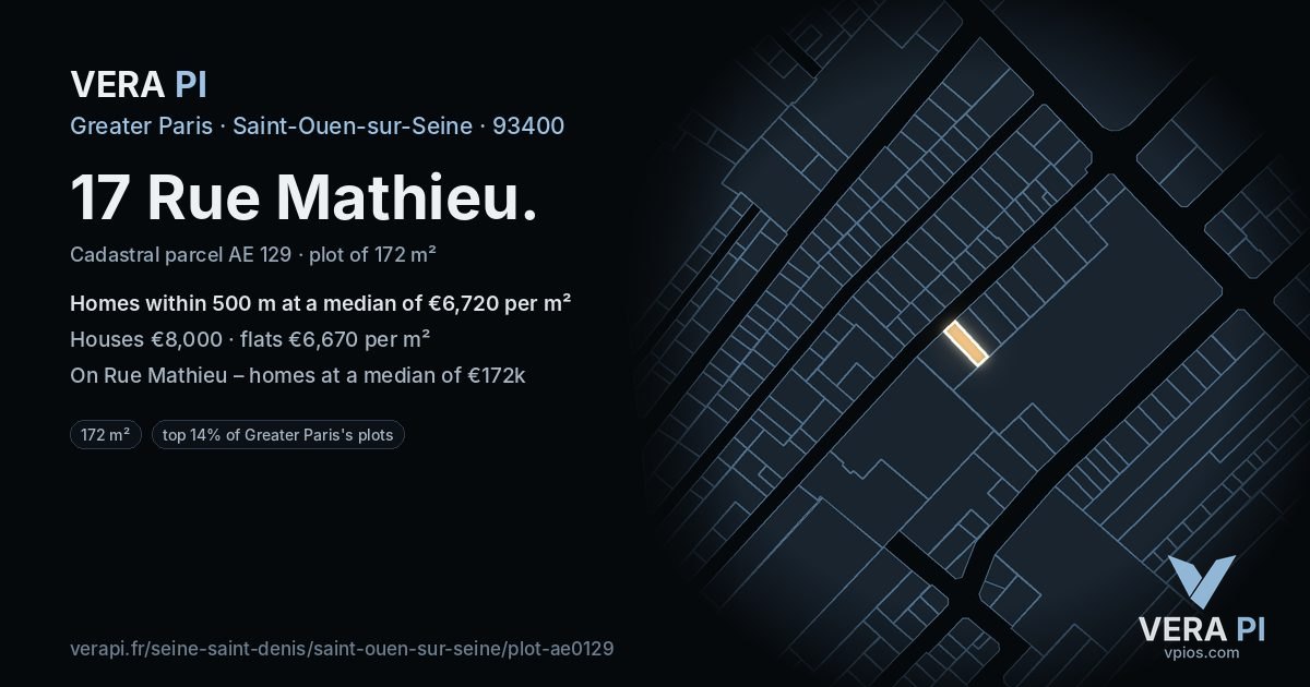 17 Rue Mathieu, Saint-Ouen-sur-Seine at night – the plot lit, the parcels around coloured by the prices near them