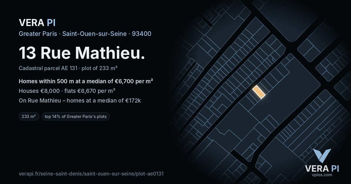 13 Rue Mathieu, Saint-Ouen-sur-Seine at night – the plot lit, the parcels around coloured by the prices near them