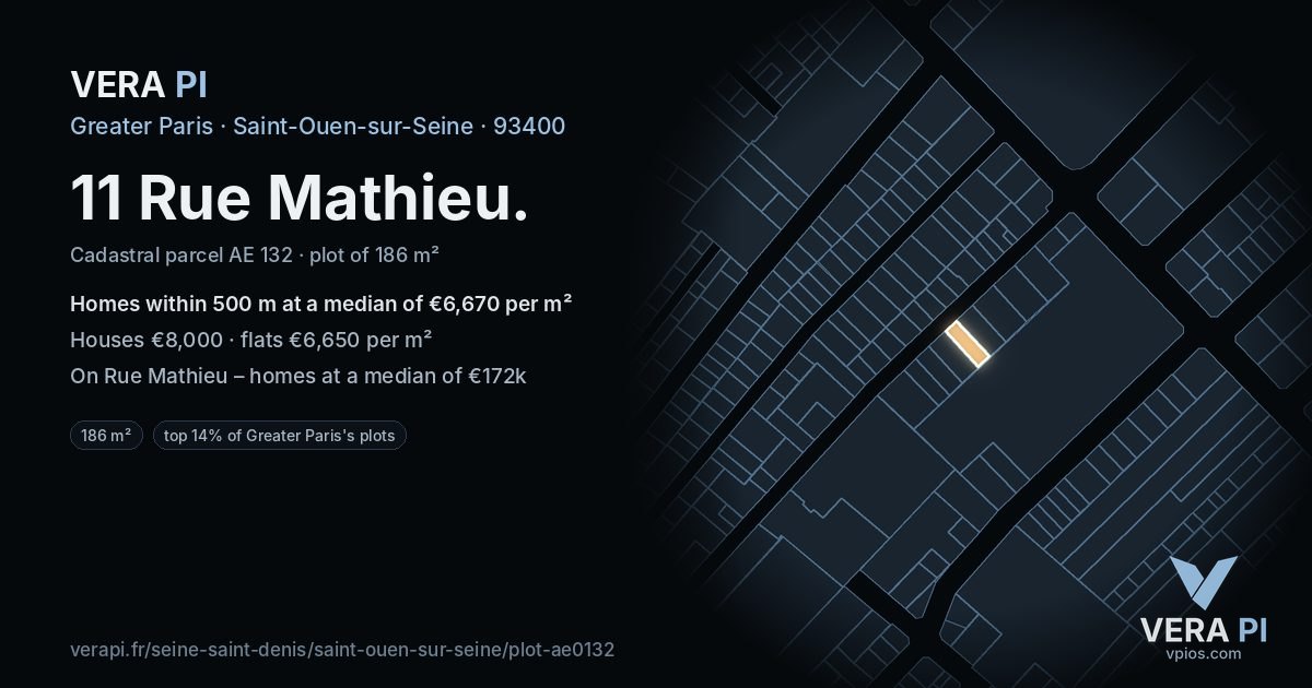 11 Rue Mathieu, Saint-Ouen-sur-Seine at night – the plot lit, the parcels around coloured by the prices near them