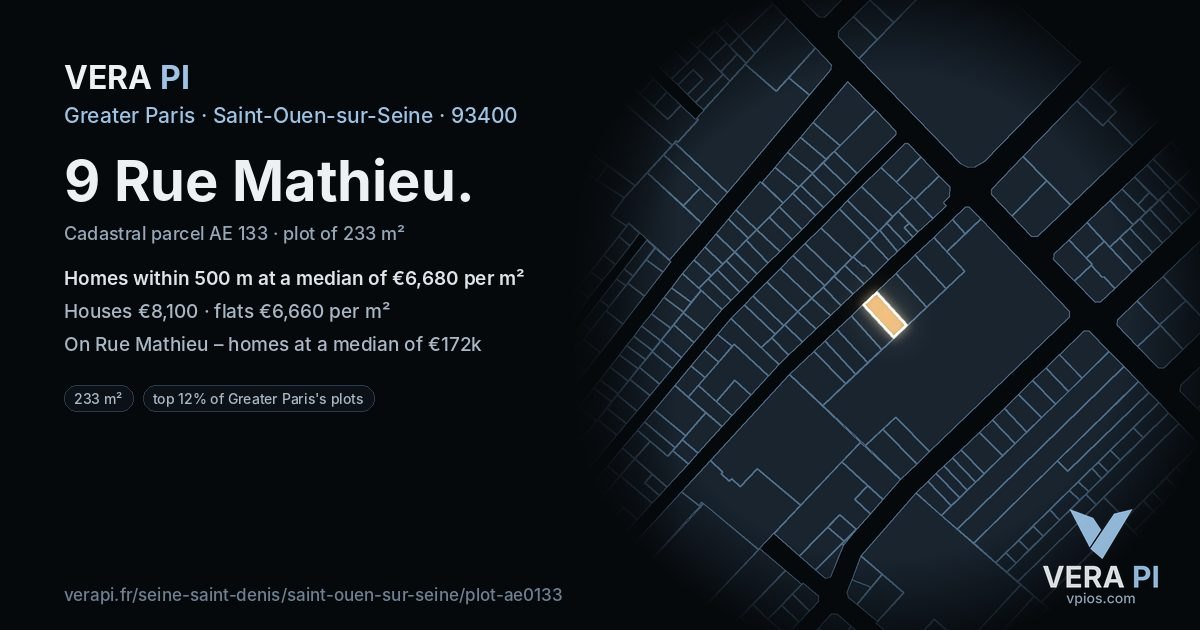 9 Rue Mathieu, Saint-Ouen-sur-Seine at night – the plot lit, the parcels around coloured by the prices near them