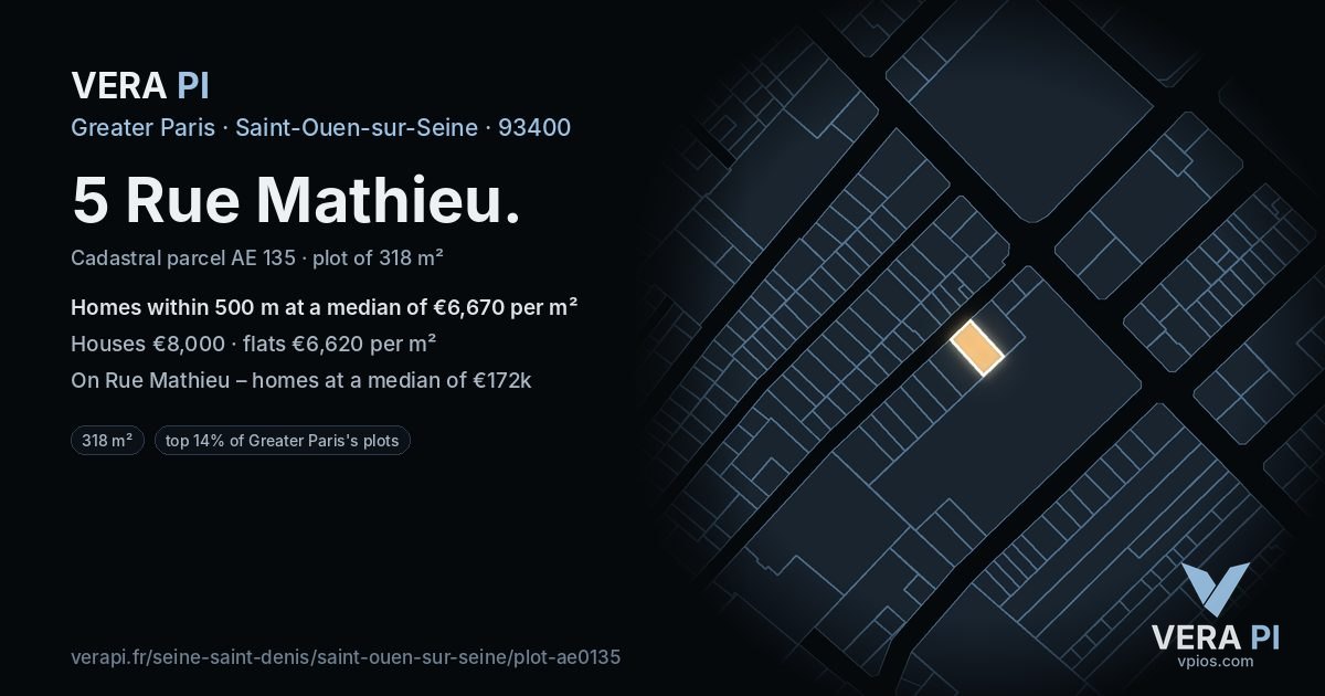 5 Rue Mathieu, Saint-Ouen-sur-Seine at night – the plot lit, the parcels around coloured by the prices near them