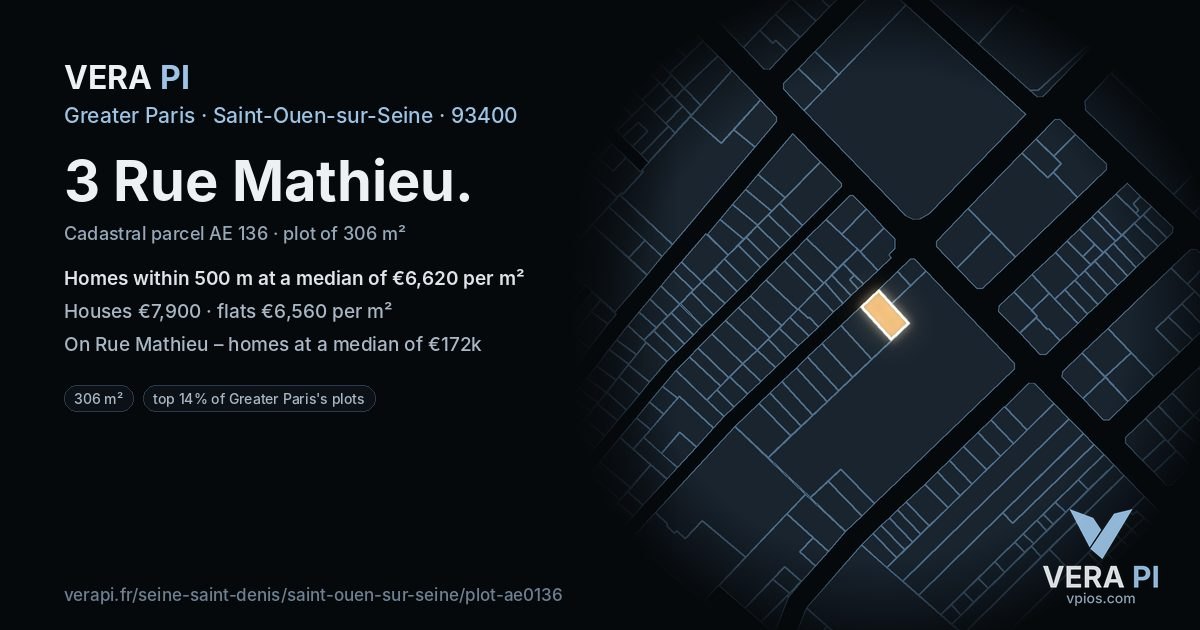 3 Rue Mathieu, Saint-Ouen-sur-Seine at night – the plot lit, the parcels around coloured by the prices near them