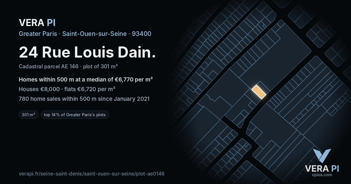 24 Rue Louis Dain, Saint-Ouen-sur-Seine at night – the plot lit, the parcels around coloured by the prices near them