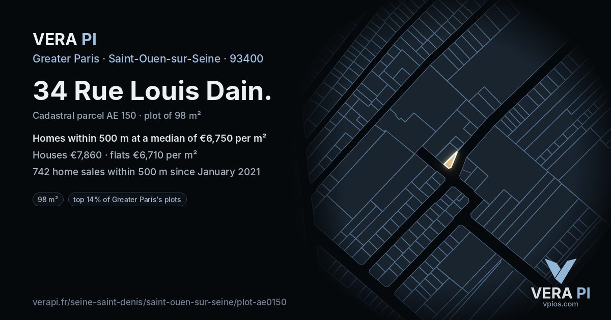 34 Rue Louis Dain, Saint-Ouen-sur-Seine at night – the plot lit, the parcels around coloured by the prices near them
