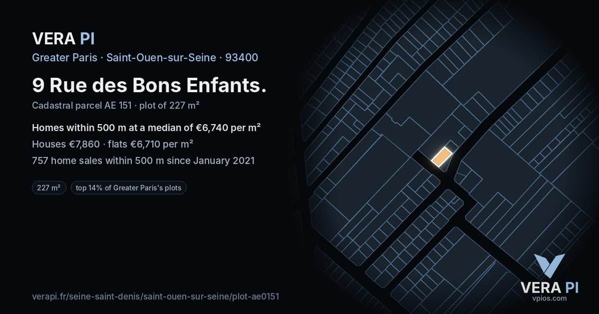 9 Rue des Bons Enfants, Saint-Ouen-sur-Seine at night – the plot lit, the parcels around coloured by the prices near them