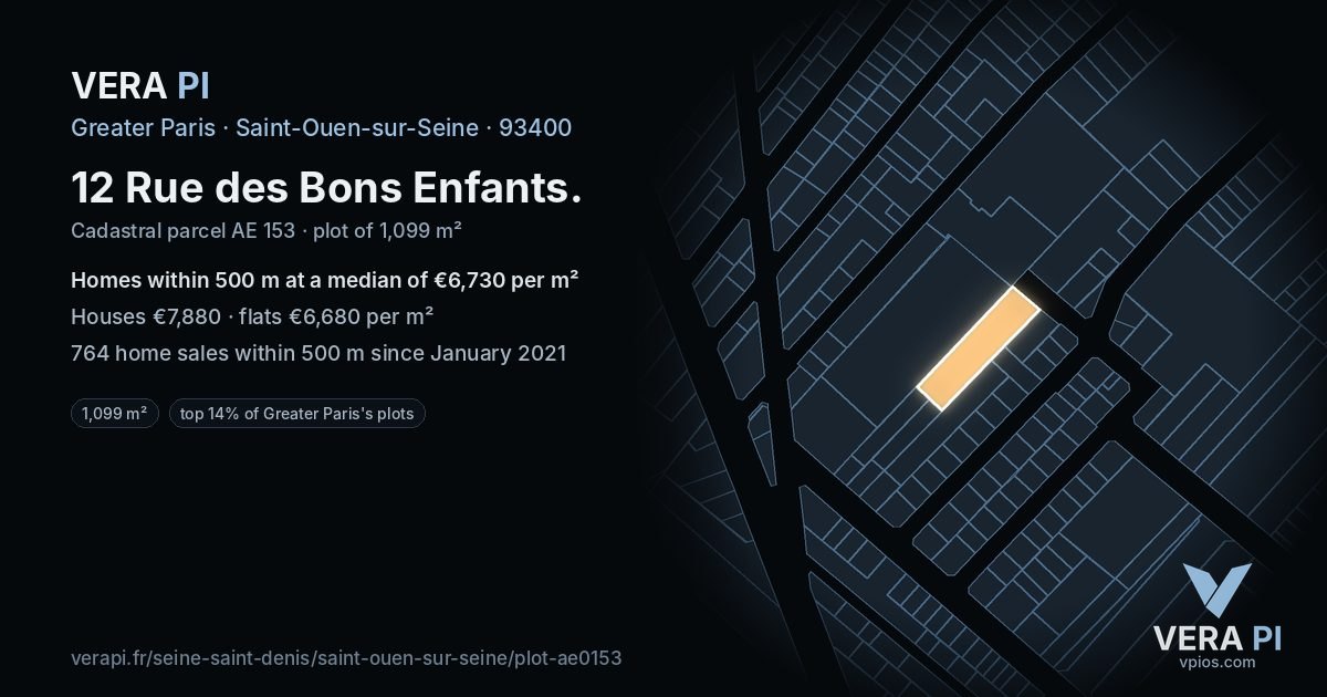 12 Rue des Bons Enfants, Saint-Ouen-sur-Seine at night – the plot lit, the parcels around coloured by the prices near them