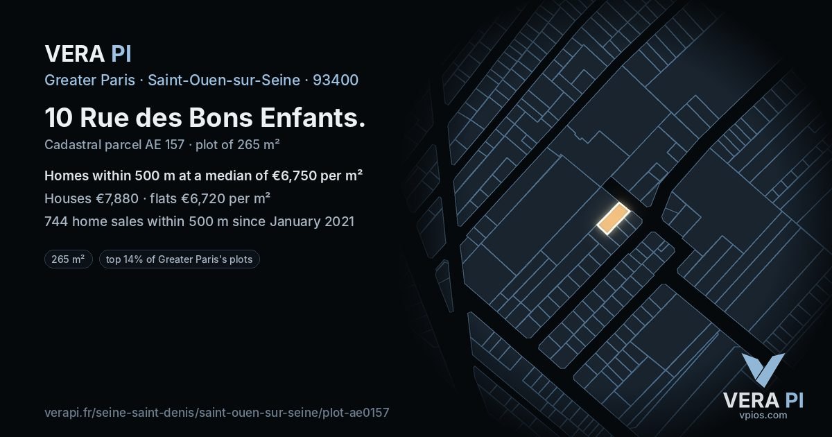 10 Rue des Bons Enfants, Saint-Ouen-sur-Seine at night – the plot lit, the parcels around coloured by the prices near them