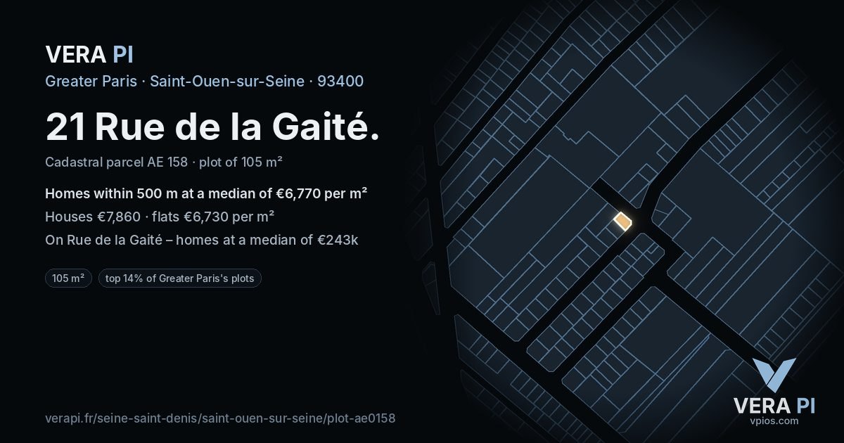 21 Rue de la Gaité, Saint-Ouen-sur-Seine at night – the plot lit, the parcels around coloured by the prices near them