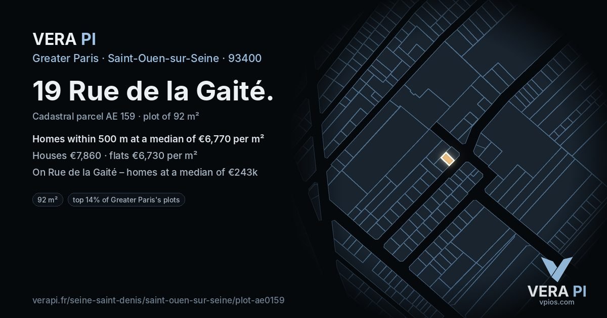 19 Rue de la Gaité, Saint-Ouen-sur-Seine at night – the plot lit, the parcels around coloured by the prices near them