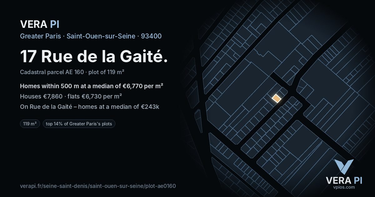 17 Rue de la Gaité, Saint-Ouen-sur-Seine at night – the plot lit, the parcels around coloured by the prices near them