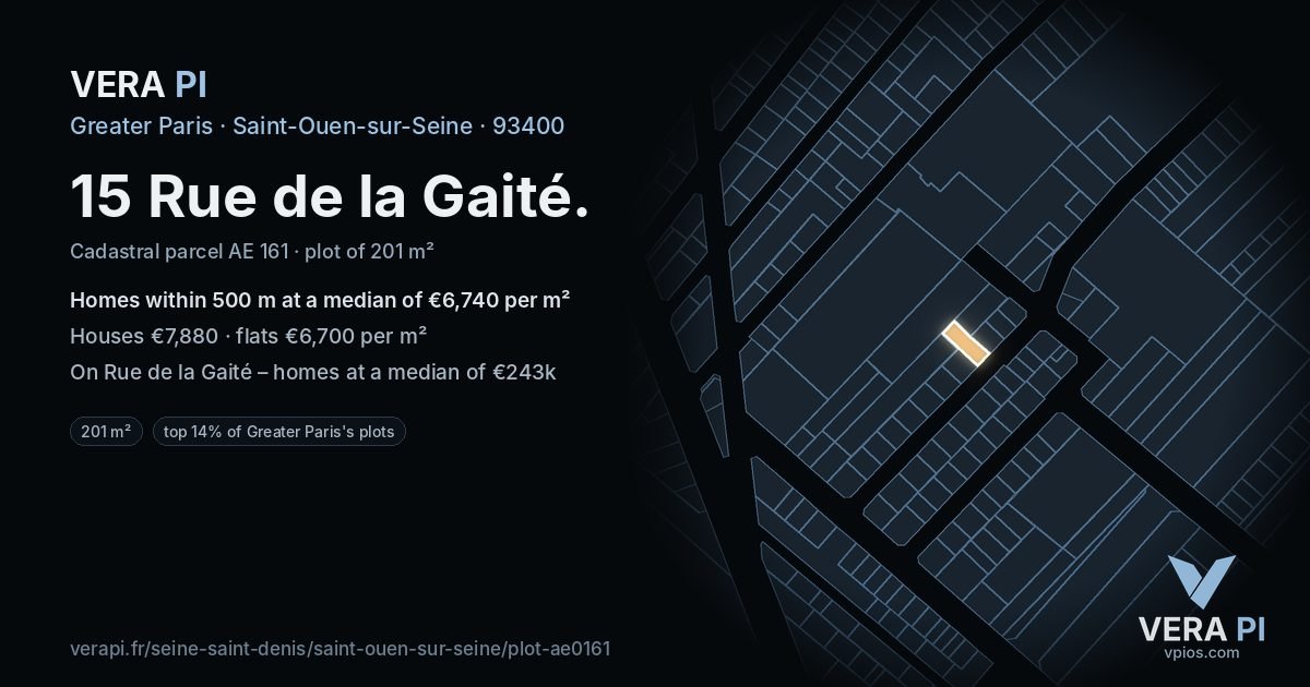 15 Rue de la Gaité, Saint-Ouen-sur-Seine at night – the plot lit, the parcels around coloured by the prices near them