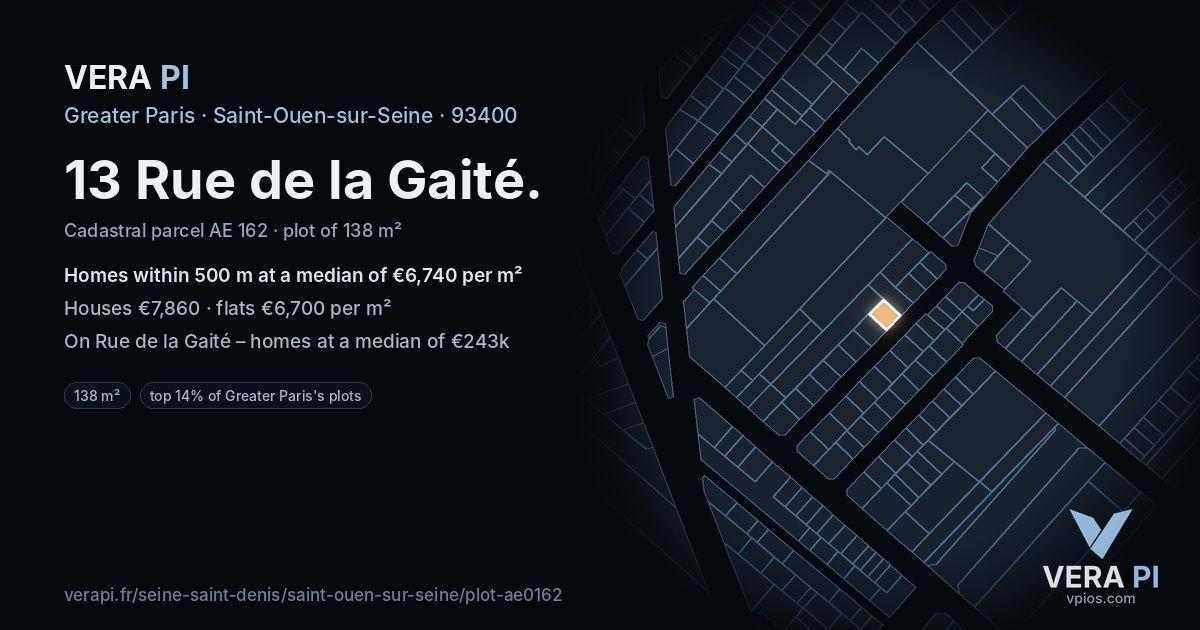 13 Rue de la Gaité, Saint-Ouen-sur-Seine at night – the plot lit, the parcels around coloured by the prices near them