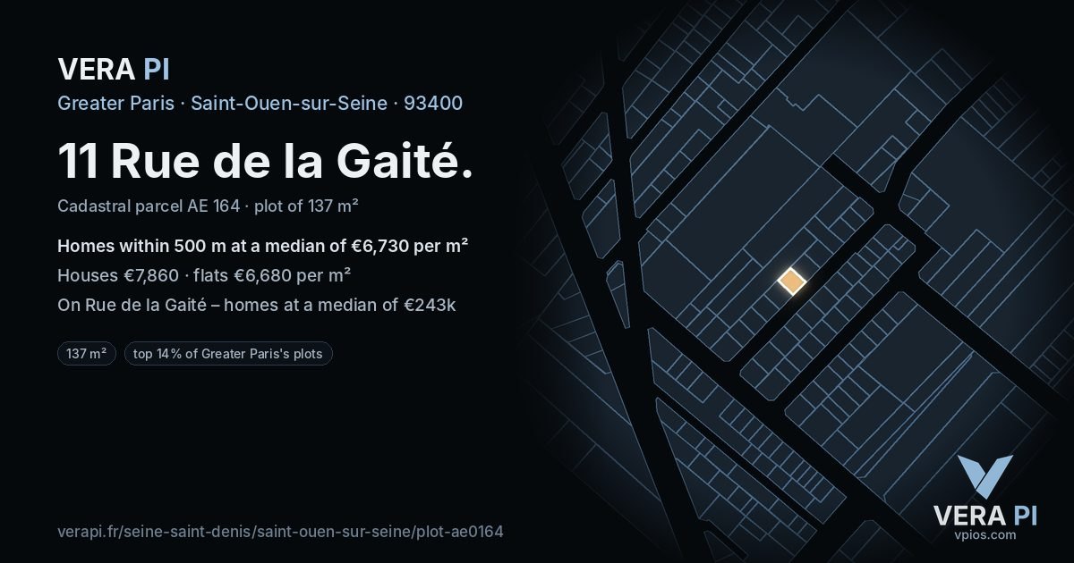 11 Rue de la Gaité, Saint-Ouen-sur-Seine at night – the plot lit, the parcels around coloured by the prices near them