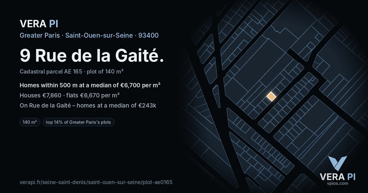 9 Rue de la Gaité, Saint-Ouen-sur-Seine at night – the plot lit, the parcels around coloured by the prices near them