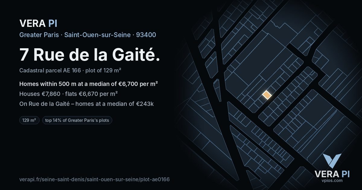 7 Rue de la Gaité, Saint-Ouen-sur-Seine at night – the plot lit, the parcels around coloured by the prices near them