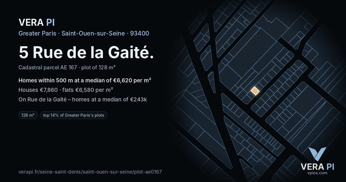 5 Rue de la Gaité, Saint-Ouen-sur-Seine at night – the plot lit, the parcels around coloured by the prices near them
