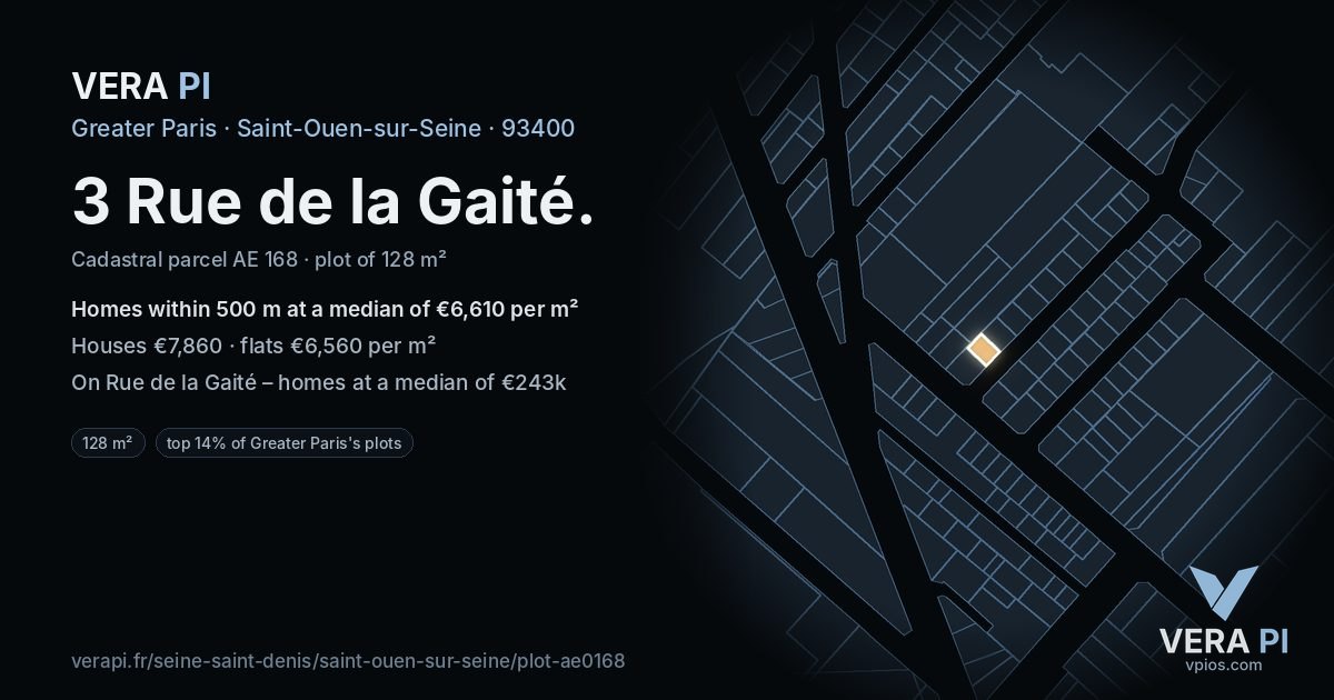 3 Rue de la Gaité, Saint-Ouen-sur-Seine at night – the plot lit, the parcels around coloured by the prices near them