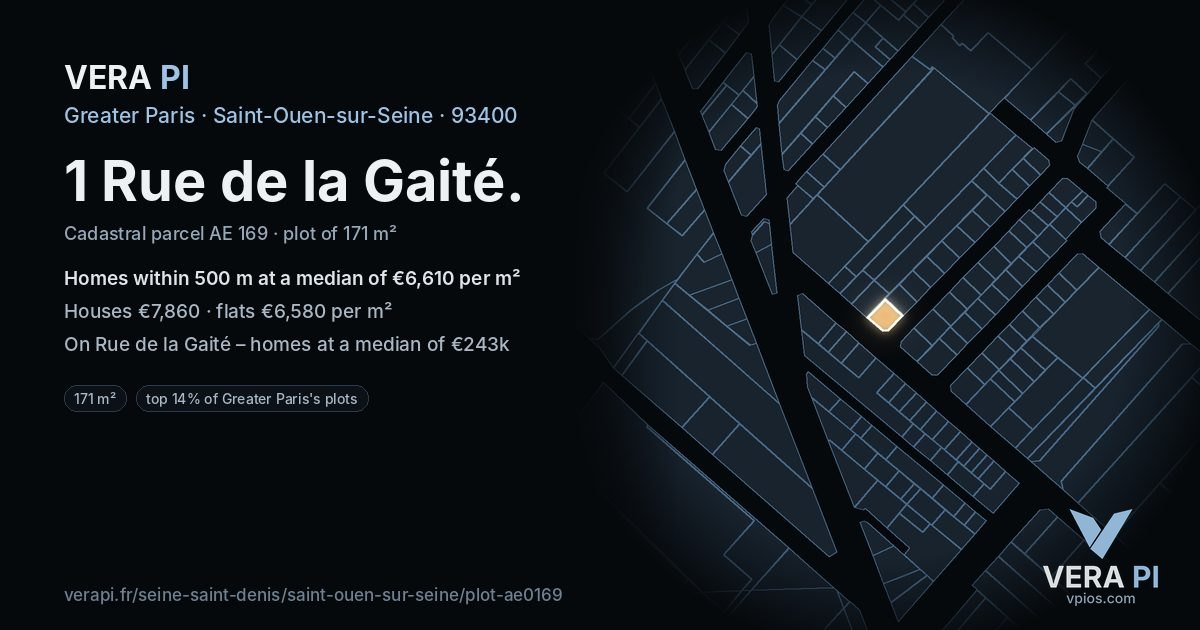 1 Rue de la Gaité, Saint-Ouen-sur-Seine at night – the plot lit, the parcels around coloured by the prices near them