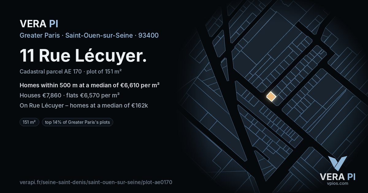 11 Rue Lécuyer, Saint-Ouen-sur-Seine at night – the plot lit, the parcels around coloured by the prices near them