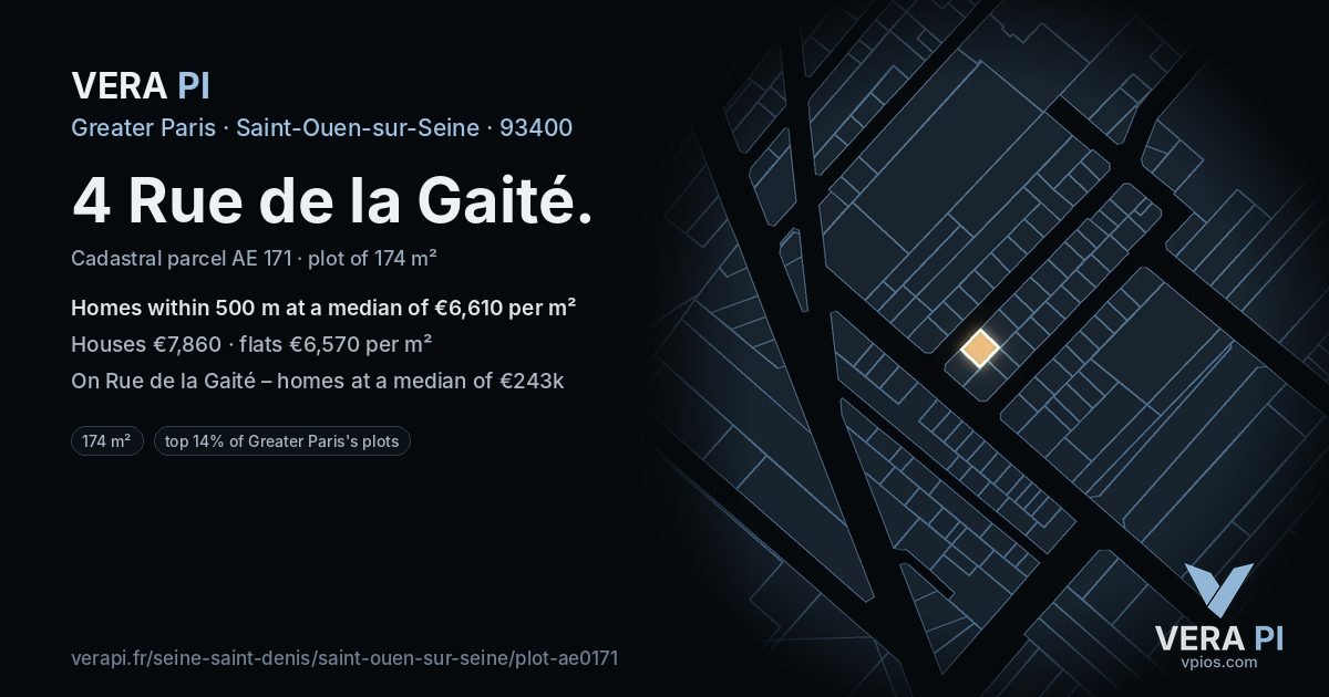 4 Rue de la Gaité, Saint-Ouen-sur-Seine at night – the plot lit, the parcels around coloured by the prices near them
