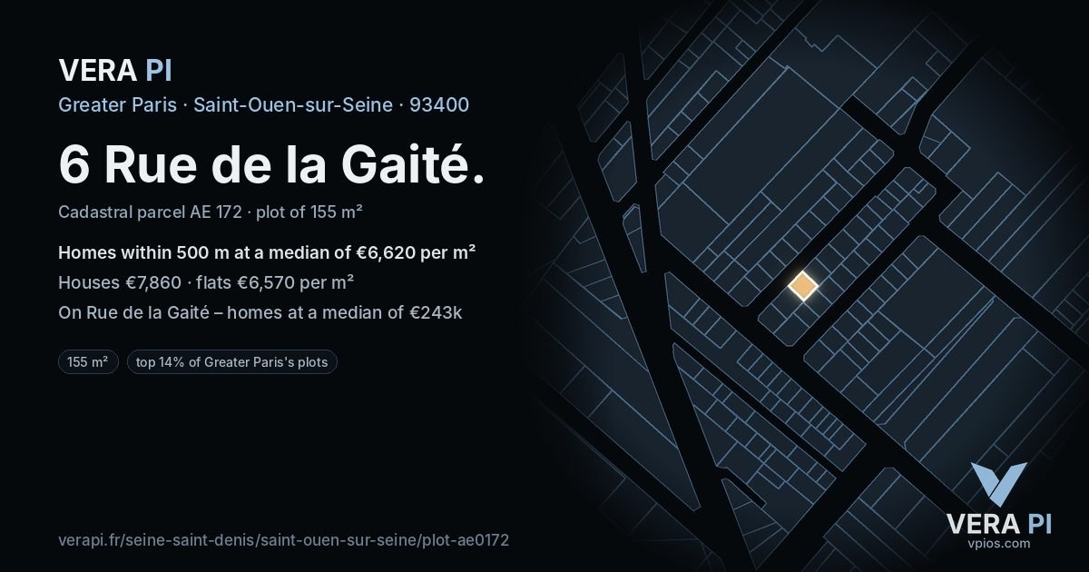6 Rue de la Gaité, Saint-Ouen-sur-Seine at night – the plot lit, the parcels around coloured by the prices near them