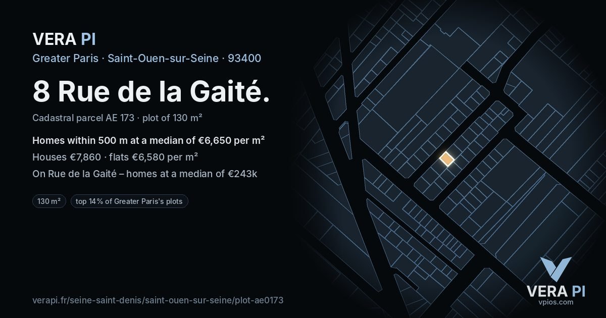 8 Rue de la Gaité, Saint-Ouen-sur-Seine at night – the plot lit, the parcels around coloured by the prices near them