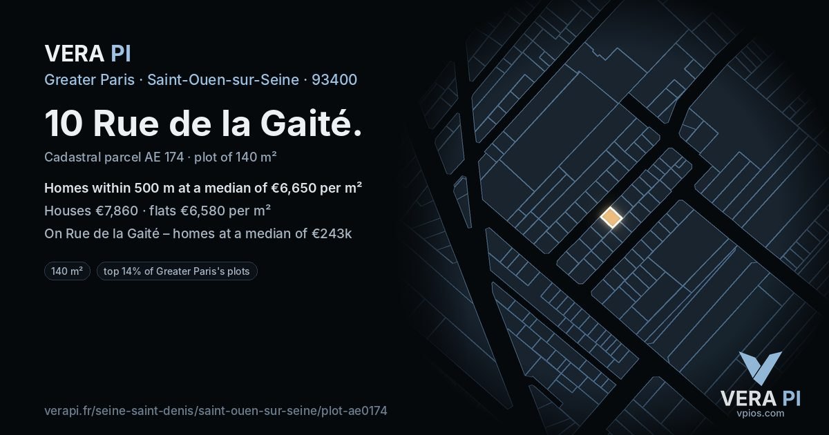 10 Rue de la Gaité, Saint-Ouen-sur-Seine at night – the plot lit, the parcels around coloured by the prices near them