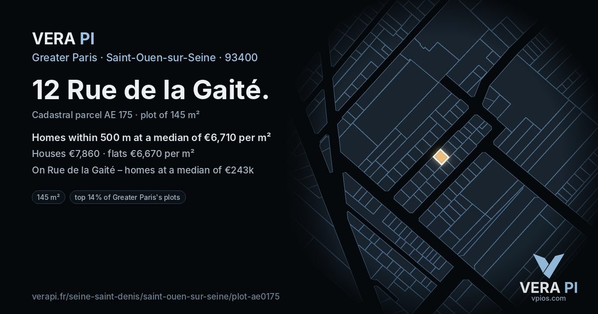 12 Rue de la Gaité, Saint-Ouen-sur-Seine at night – the plot lit, the parcels around coloured by the prices near them