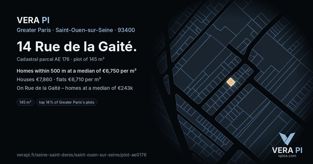14 Rue de la Gaité, Saint-Ouen-sur-Seine at night – the plot lit, the parcels around coloured by the prices near them