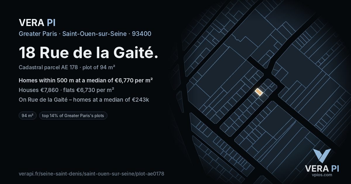 18 Rue de la Gaité, Saint-Ouen-sur-Seine at night – the plot lit, the parcels around coloured by the prices near them