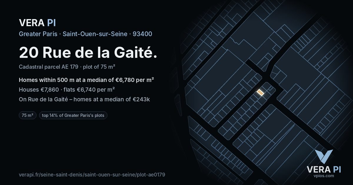 20 Rue de la Gaité, Saint-Ouen-sur-Seine at night – the plot lit, the parcels around coloured by the prices near them