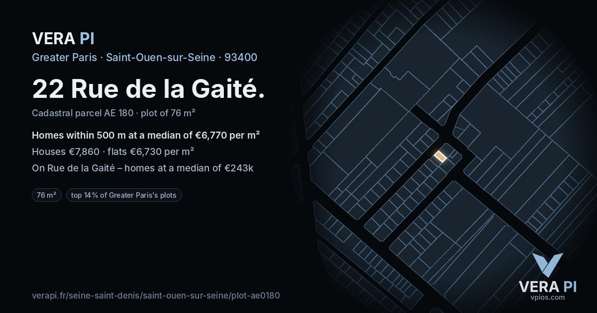 22 Rue de la Gaité, Saint-Ouen-sur-Seine at night – the plot lit, the parcels around coloured by the prices near them