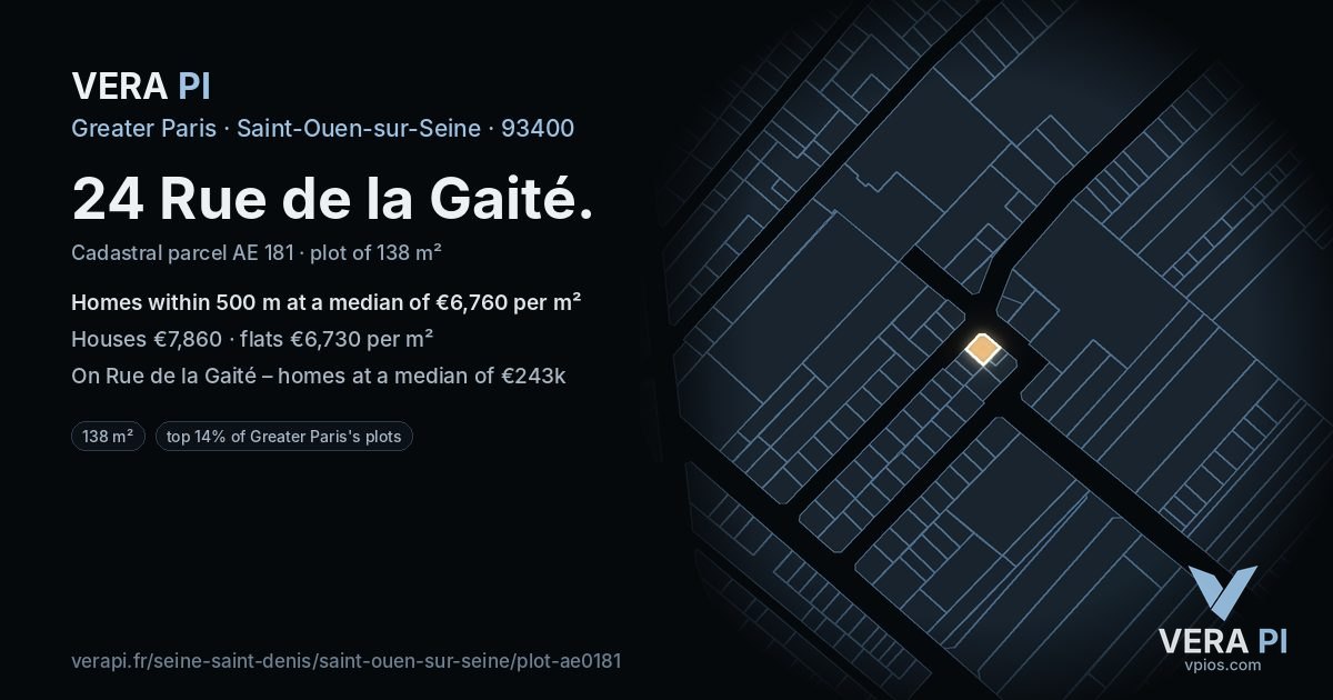 24 Rue de la Gaité, Saint-Ouen-sur-Seine at night – the plot lit, the parcels around coloured by the prices near them
