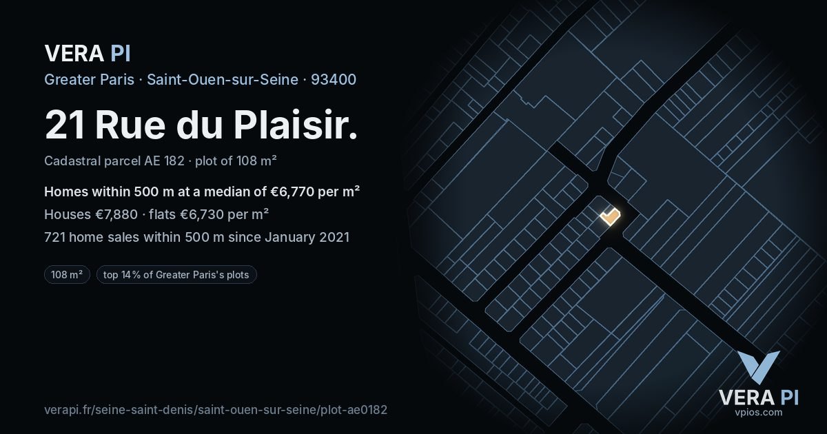 21 Rue du Plaisir, Saint-Ouen-sur-Seine at night – the plot lit, the parcels around coloured by the prices near them
