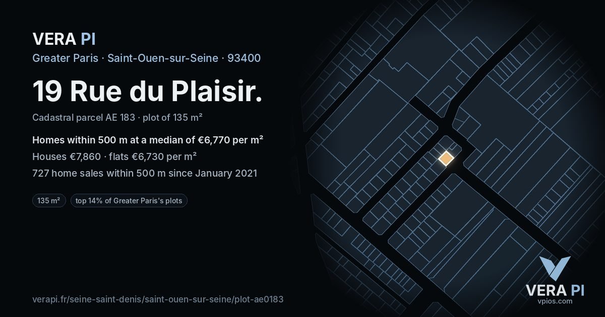 19 Rue du Plaisir, Saint-Ouen-sur-Seine at night – the plot lit, the parcels around coloured by the prices near them