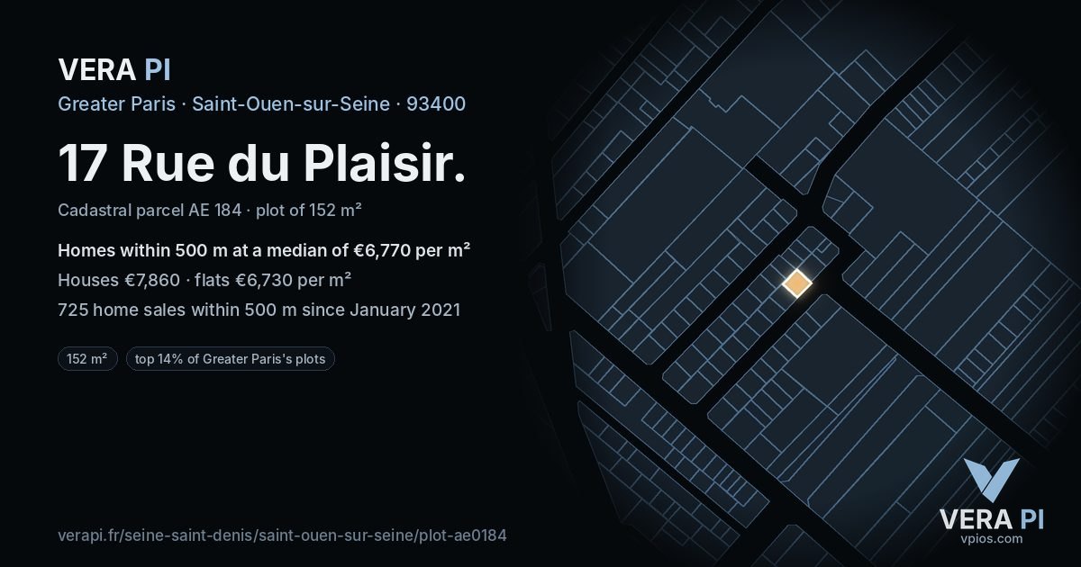 17 Rue du Plaisir, Saint-Ouen-sur-Seine at night – the plot lit, the parcels around coloured by the prices near them