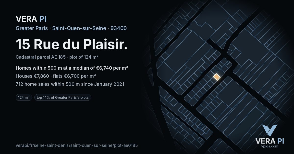 15 Rue du Plaisir, Saint-Ouen-sur-Seine at night – the plot lit, the parcels around coloured by the prices near them