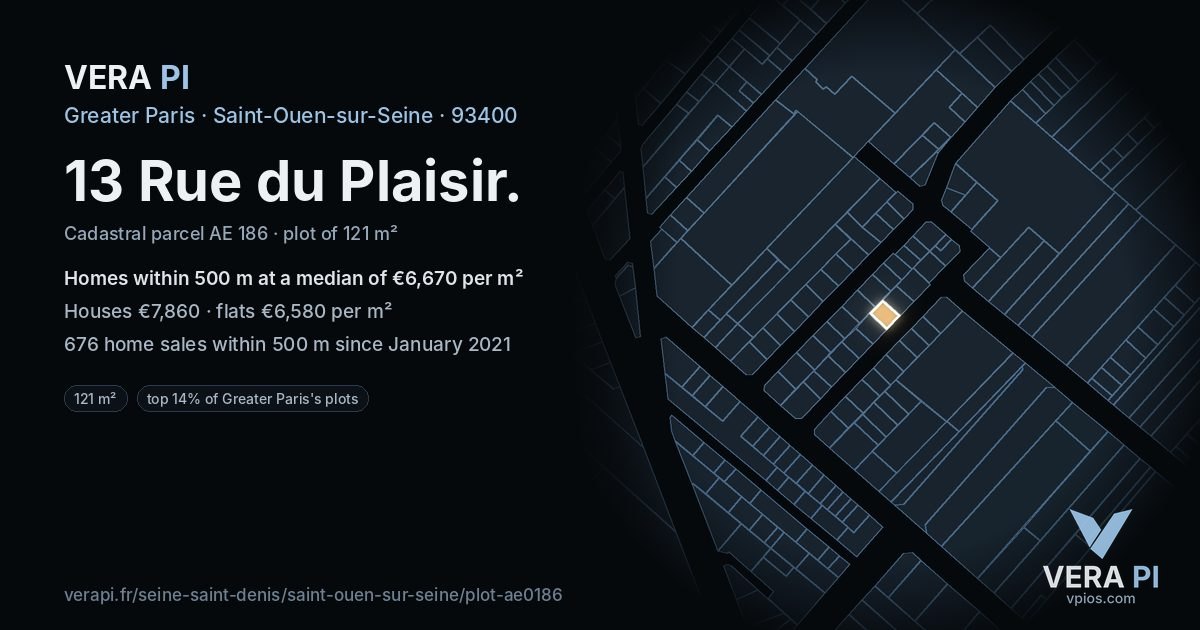 13 Rue du Plaisir, Saint-Ouen-sur-Seine at night – the plot lit, the parcels around coloured by the prices near them