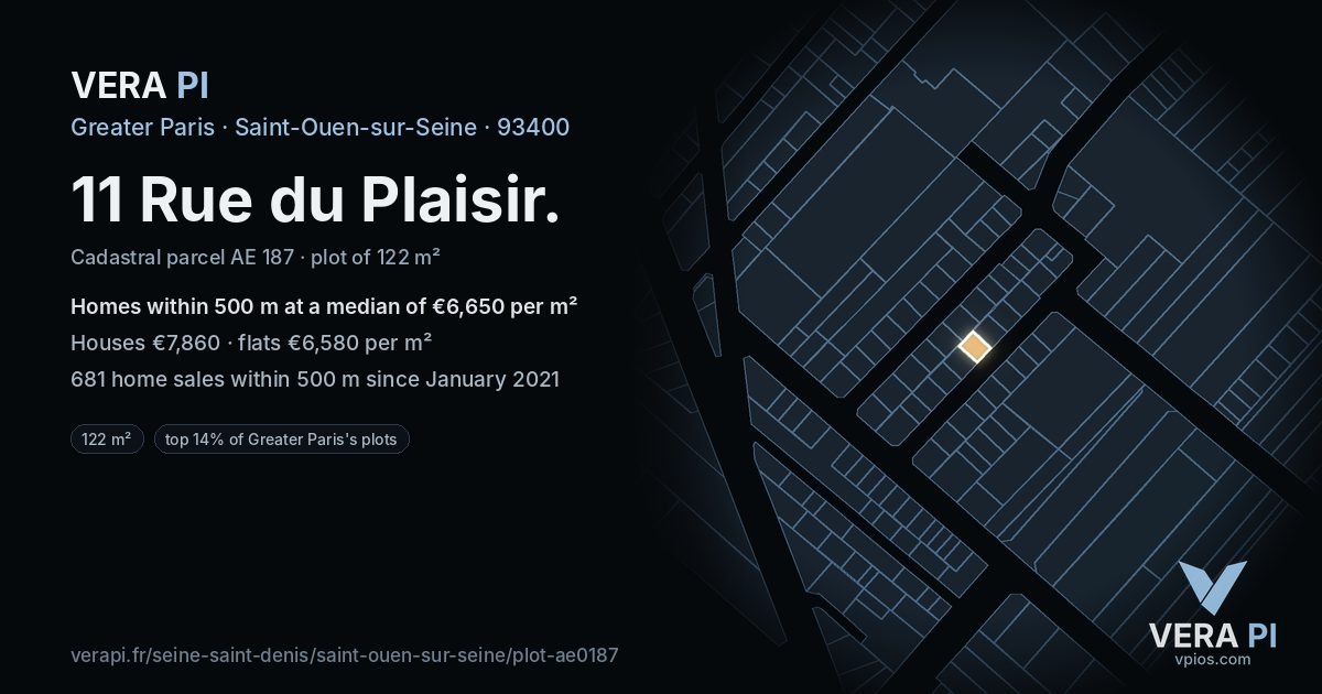 11 Rue du Plaisir, Saint-Ouen-sur-Seine at night – the plot lit, the parcels around coloured by the prices near them