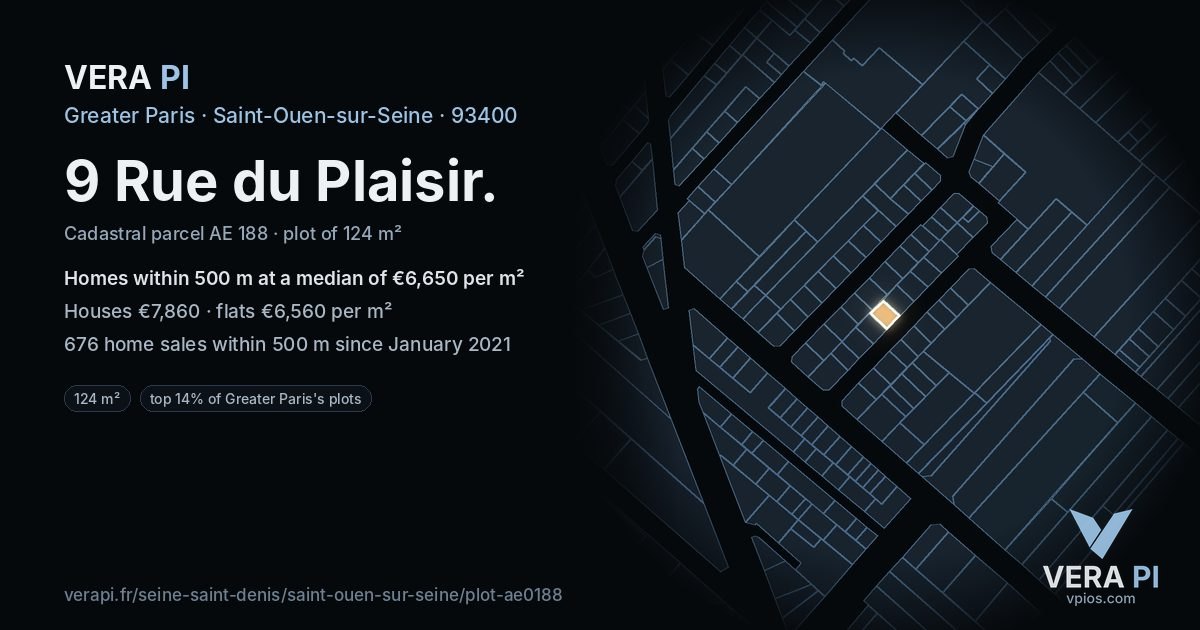 9 Rue du Plaisir, Saint-Ouen-sur-Seine at night – the plot lit, the parcels around coloured by the prices near them