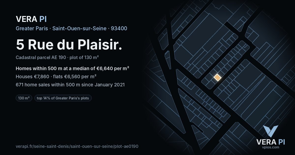 5 Rue du Plaisir, Saint-Ouen-sur-Seine at night – the plot lit, the parcels around coloured by the prices near them