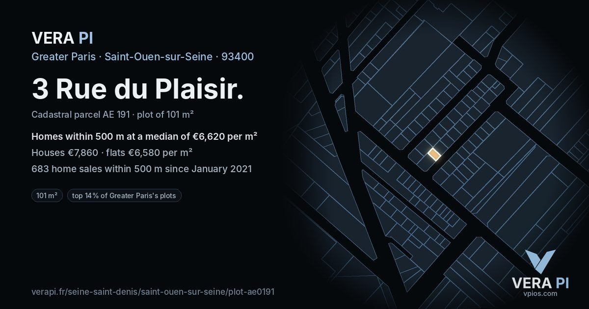 3 Rue du Plaisir, Saint-Ouen-sur-Seine at night – the plot lit, the parcels around coloured by the prices near them
