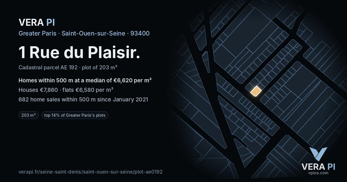 1 Rue du Plaisir, Saint-Ouen-sur-Seine at night – the plot lit, the parcels around coloured by the prices near them