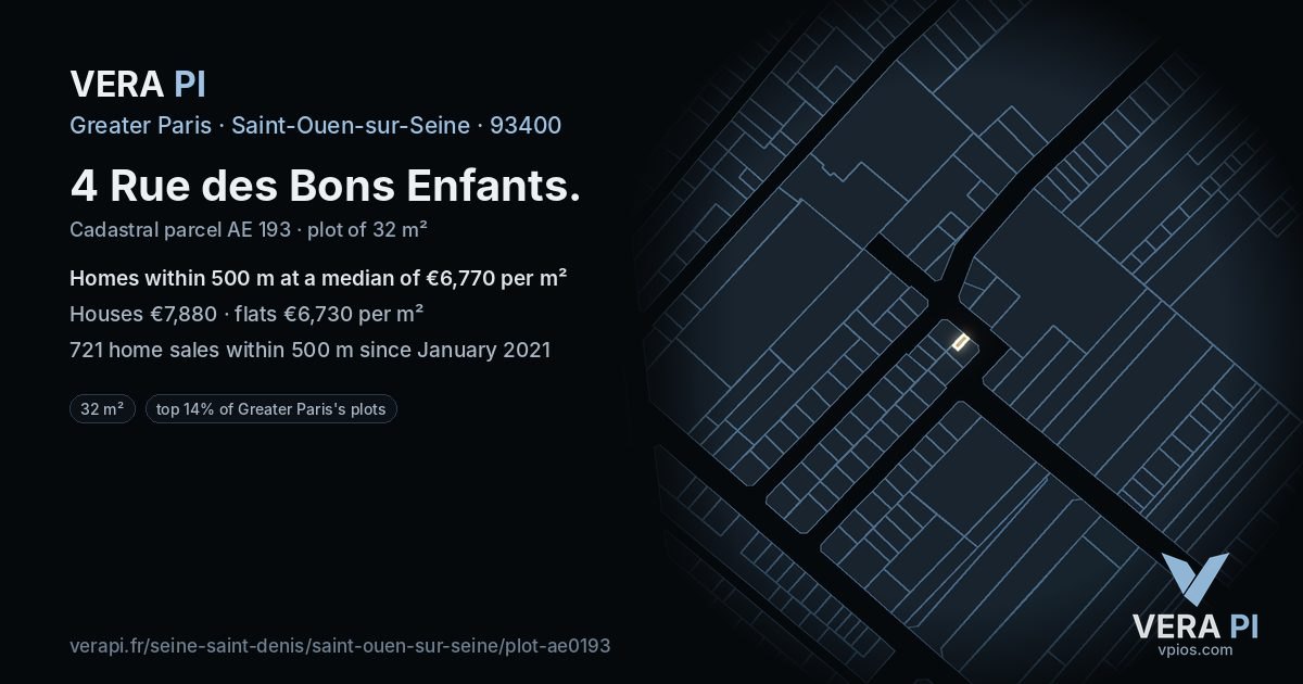 4 Rue des Bons Enfants, Saint-Ouen-sur-Seine at night – the plot lit, the parcels around coloured by the prices near them